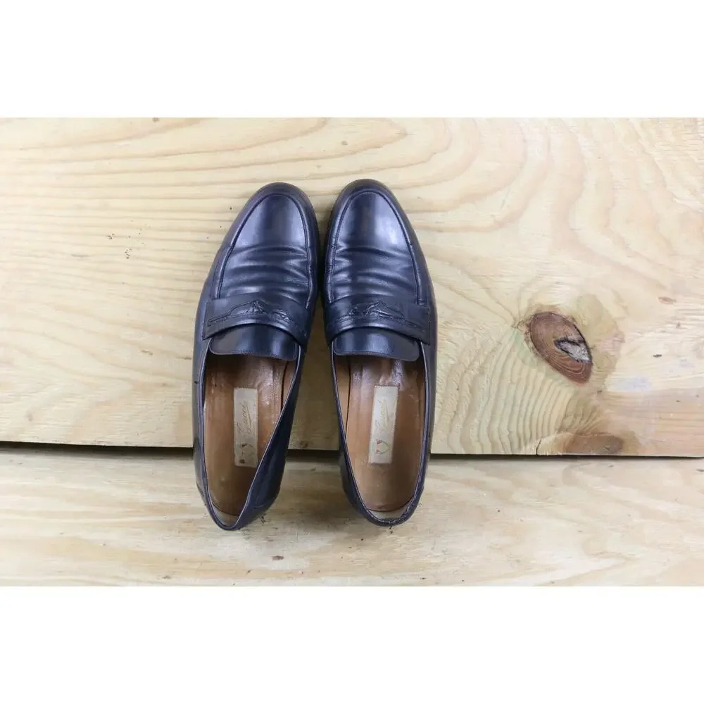 Vintage Gucci Shoes Mens Black 11M Leather Loafers 44M Slip On Italy
